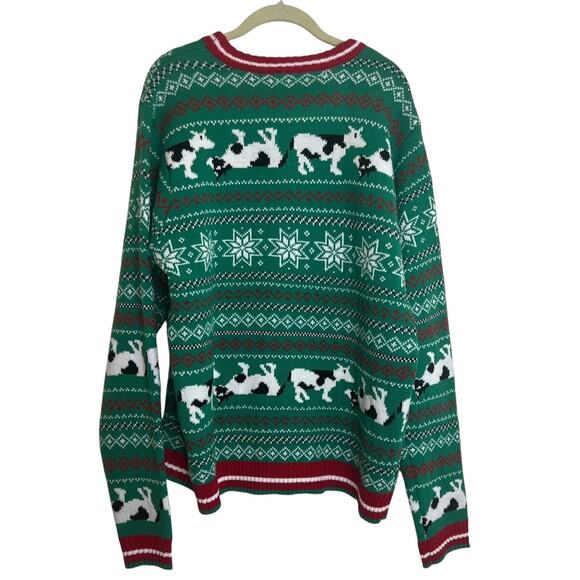 Blizzard Bay Mens Ugly Christmas Fair Isle Sweater XL Cow Santa Hat Pom Pom Bell - Picture 4 of 7